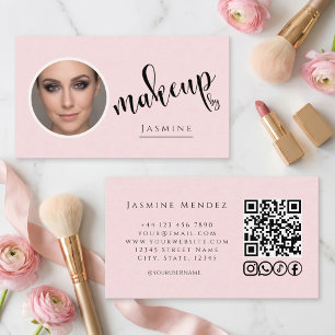Carte De Visite Blush Rose Photo MUA QR Code Icônes Sociaux 