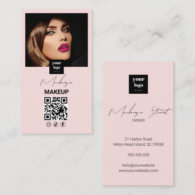 Carte De Visite Blush Rose Script Icône Réseau Social Code QR Phot (Devant / Derrière)