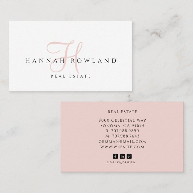 Carte De Visite Blush Rose Script Monogramme Nom Immobilier (Devant / Derrière)