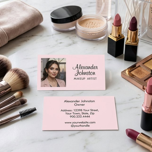 Carte De Visite Blush Rose Script Photo Maquilleuse Chic (Blush Pink Black Script Photo Makeup Bussiness Card)