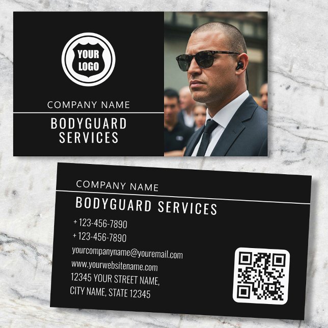 Carte De Visite Bodyguard Services Modern Photo Logo Code QR (Créateur téléchargé)