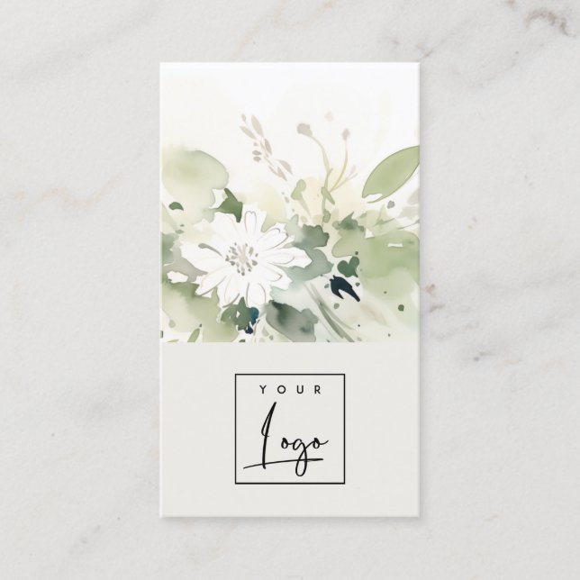 Carte De Visite Boho Abstrait vert blanc floral (Devant)