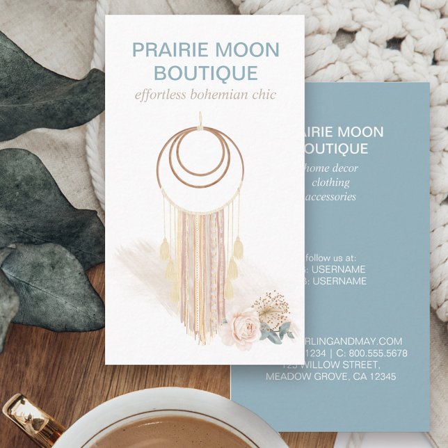 Carte De Visite Boho Aquarelle Macrame Mur suspendu (Boutique business card with bohemian feminine macrame wallhanging in neutral color story)