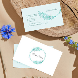 Carte De Visite Boho Aquarelle Turquoise Plumes florales Cimetière
