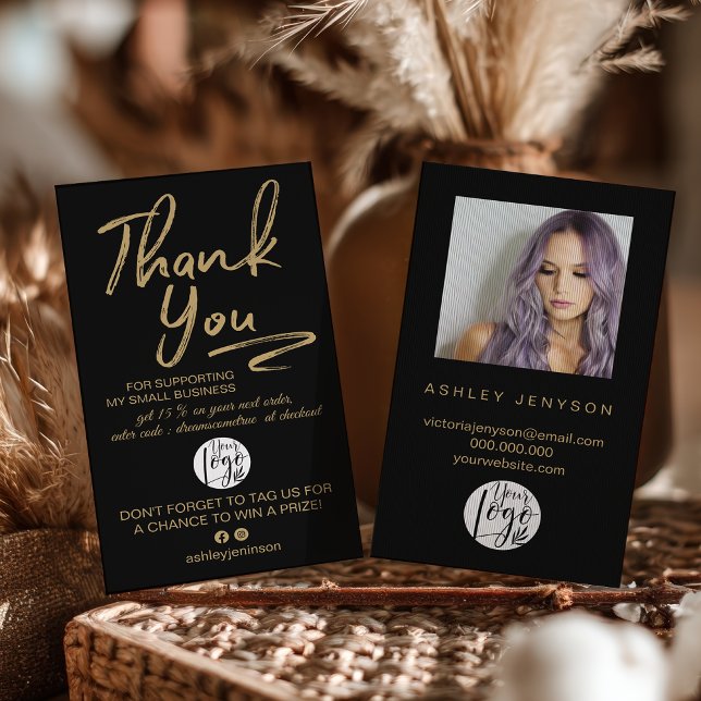 Carte De Visite Boho Black and Gold Script Photo Thank You Logo (Boho Black and Gold Script Photo Thank You Logo Business Card)