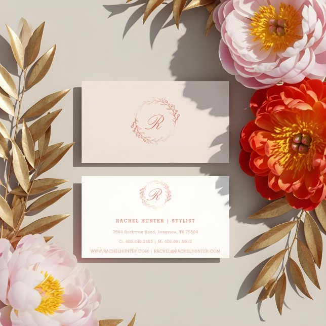 Carte De Visite Boho Blush Watercolor Floral Crest Wreath Monogram (Elegant Luxury Floral Crest Wreath Monogram Business Card)