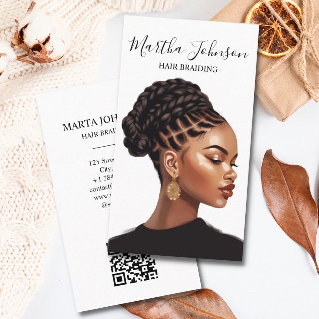 Carte De Visite Boho Chic Afro American Braids Braiding QR Code (Créateur téléchargé)