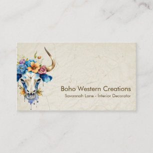 Carte De Visite Boho Chic Aquarelle Florale Vache Crâne
