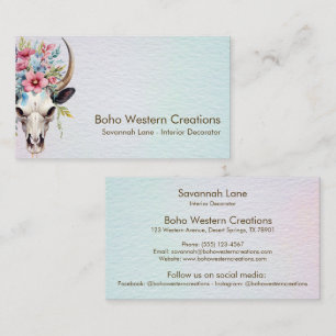 Carte De Visite Boho Chic Aquarelle Multicolore Floral Vache Crâne