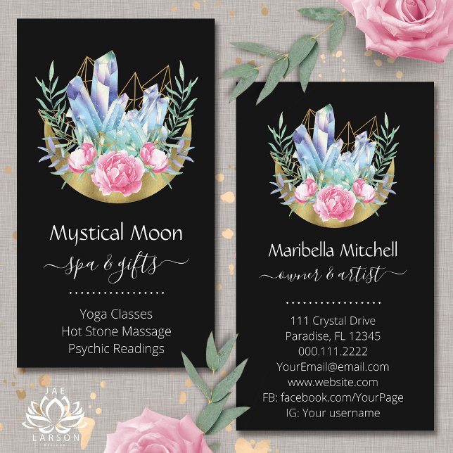 Carte De Visite Boho Crescent Moon Crystal Cluster Roses Rose (Créateur téléchargé)
