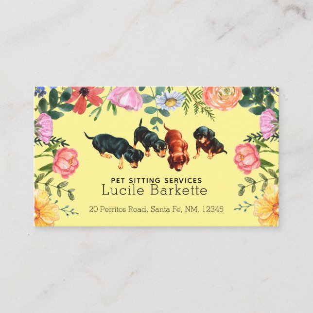 Carte De Visite Boho Cute Dachshund Pet Sitting Wildflowers Yellow (Devant)