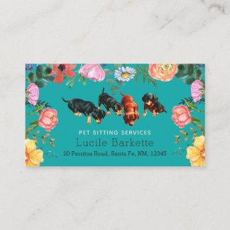 Carte De Visite Boho Dachshund Pet Sitting Wildflowers Teal Blue