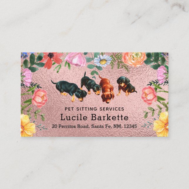Carte De Visite Boho Dachshunds Pet Sitting Wildflowers Pink Foil (Devant)