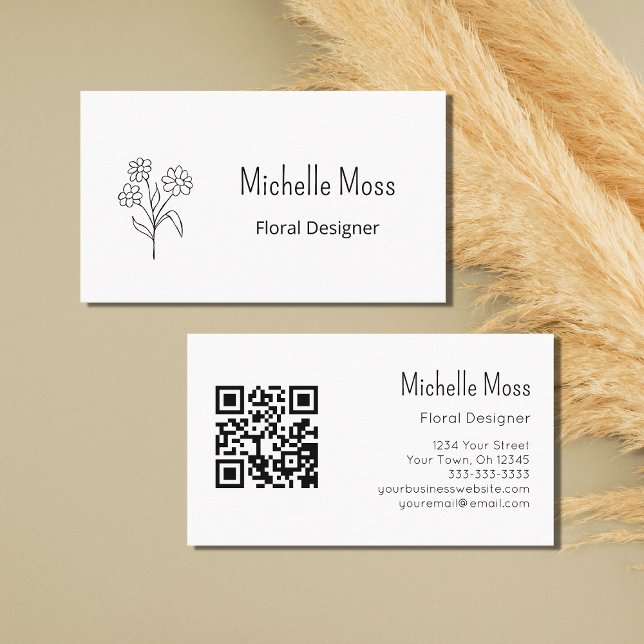 Carte De Visite Boho Daisy QR code Simple Floral Designer (Créateur téléchargé)