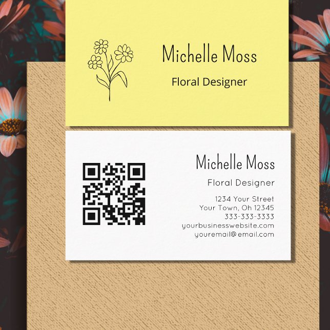 Carte De Visite Boho Daisy QR code Yellow Floral Designer (Créateur téléchargé)
