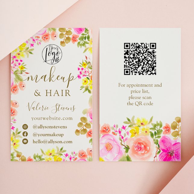 Carte De Visite Boho fleur sauvage jardin aquarelle maquillage che (Boho wild flowers garden watercolor makeup hair business card)