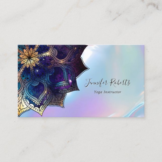 Carte De Visite Boho Floral Bleu Or Mandala Chic Irridescent (Devant)