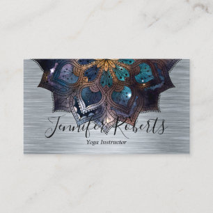 Carte De Visite Boho Floral Blue Gold Mandala Chic Yoga Instructeu
