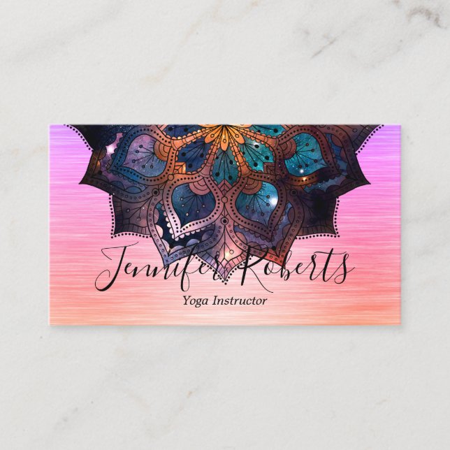 Carte De Visite Boho Floral Blue Gold Mandala Yoga Instructeur (Devant)