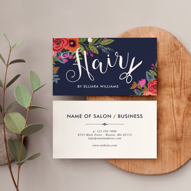 Carte De Visite Boho Floral Bouquets - Navy Blue Hair Stylliste (Créateur téléchargé)