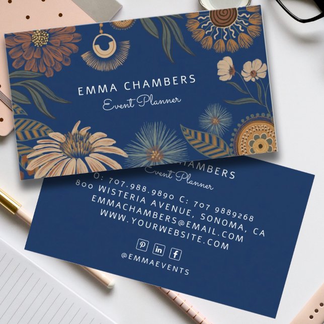 Carte De Visite Boho Floral Event Planner Navy Blue (Créateur téléchargé)