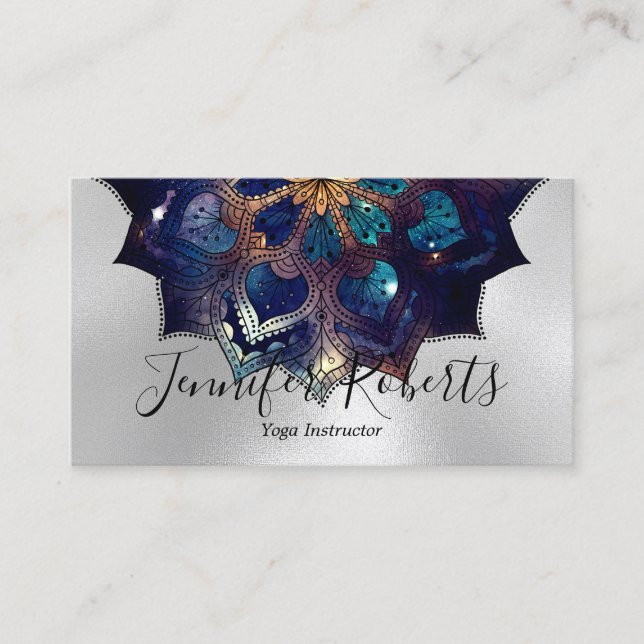 Carte De Visite Boho Floral Mandala Chic Yoga Instructeur Silver (Devant)