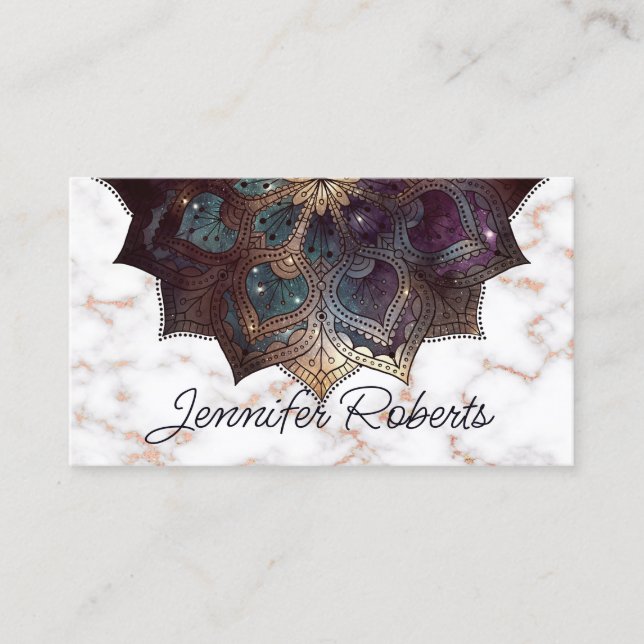 Carte De Visite Boho Floral Mandala Rose Gold Marbre Yoga Élégant (Devant)