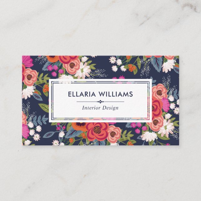Carte De Visite Boho Floral Patch - Marine Blue & Coral (Devant)
