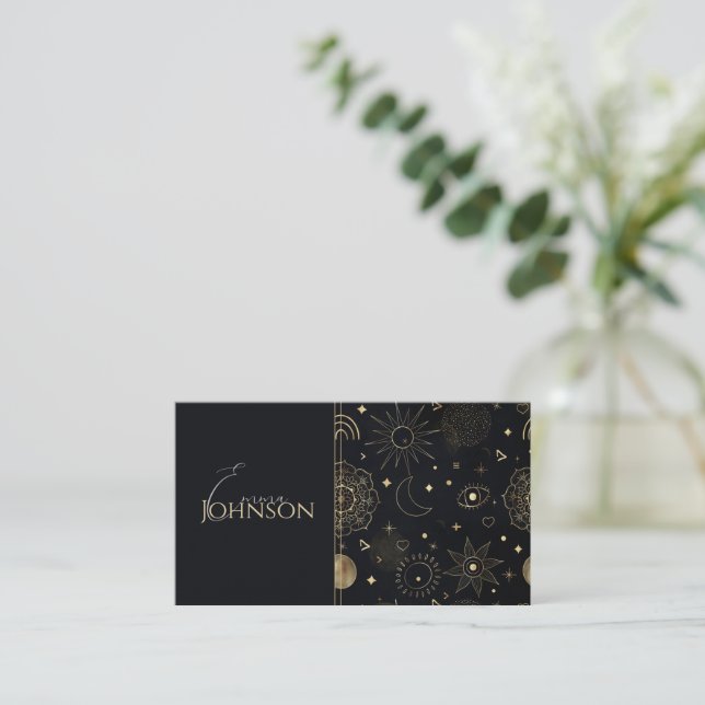 Carte De Visite Boho Gold Space doodles Black Design (Debout devant)