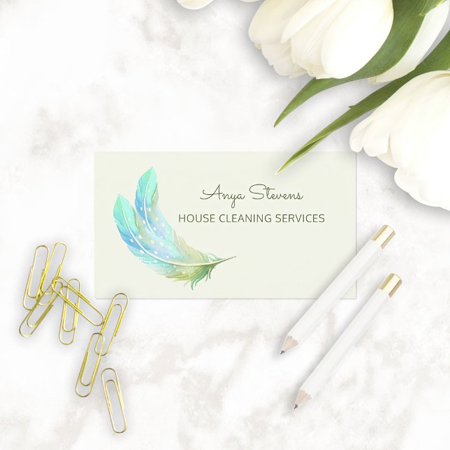Carte De Visite Boho Green Feathers Services de nettoyage des mais (Boho Green Feathers House Cleaning Services Business Cards)