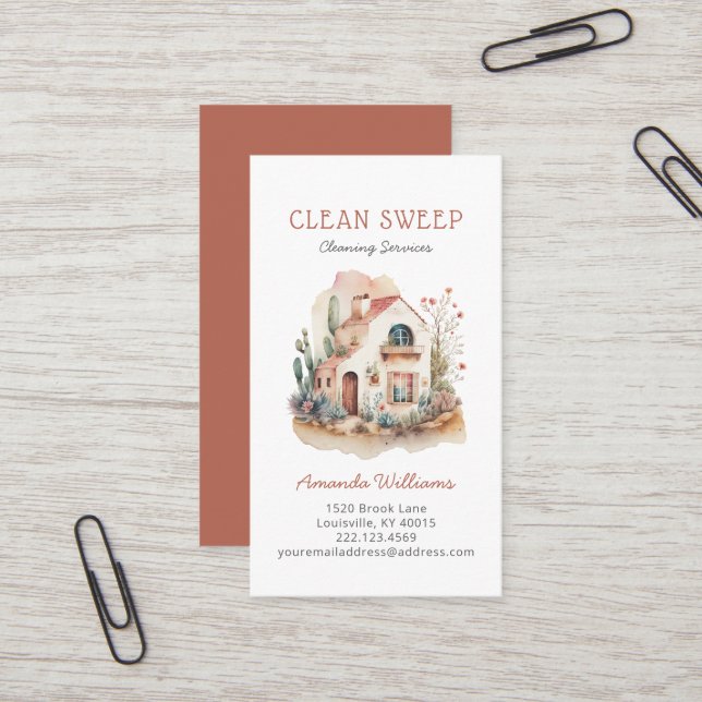 Carte De Visite Boho House Cleaning Home Services Aquarelle (Devant/Arrière en situation)