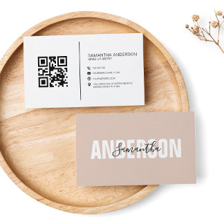Carte De Visite Boho minimaliste Beige QR Code moderne
