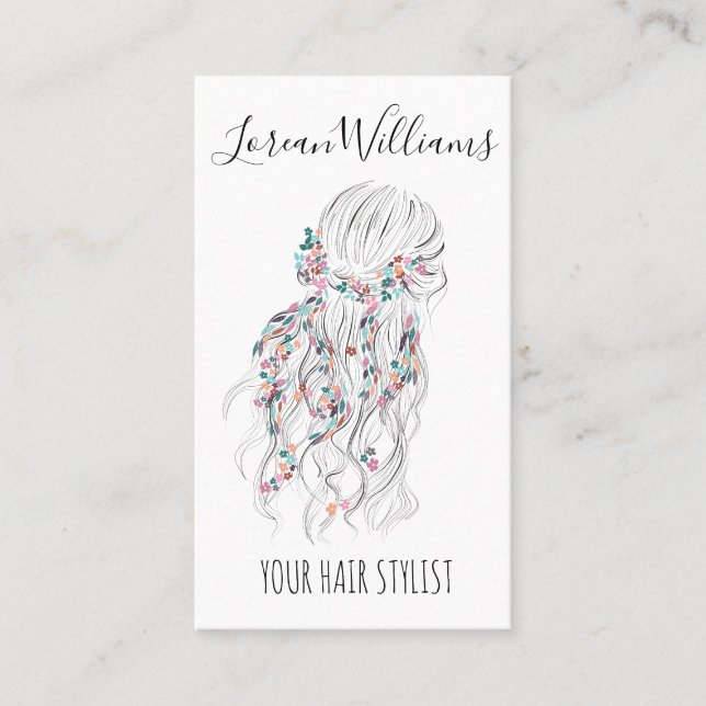 Carte De Visite Boho moderne noir blanc Wavy Style cheveux floral (Devant)