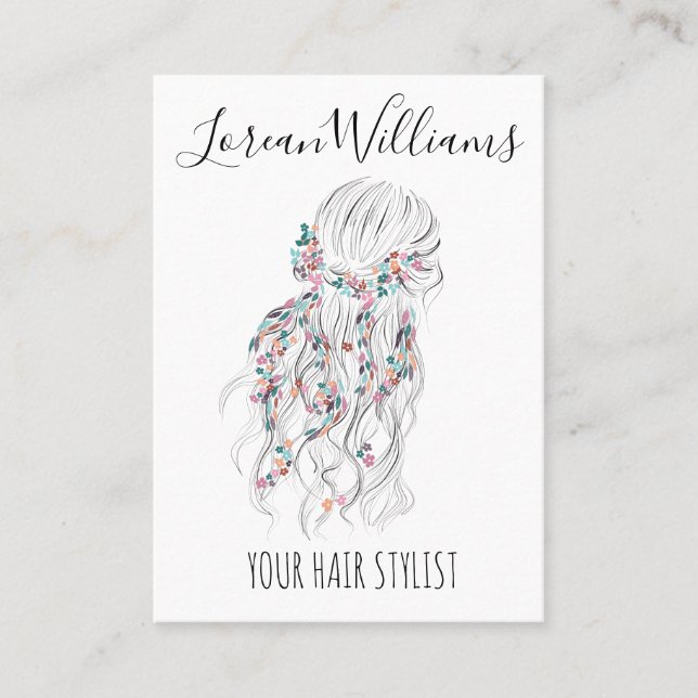 Carte De Visite Boho moderne noir blanc Wavy Style cheveux floral (Devant)