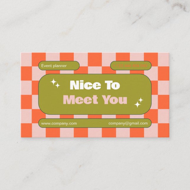 Carte De Visite Boho Orange Pink Green Retro Checkerboard (Devant)