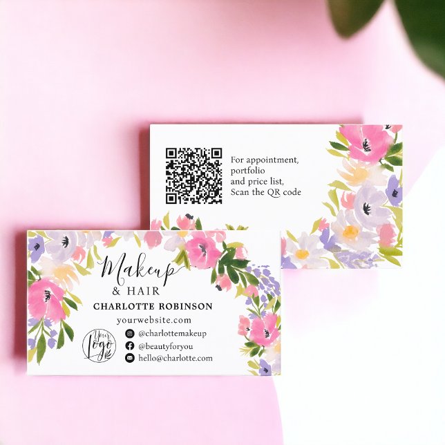 Carte De Visite Boho pastel fleurs sauvages pastel poils de maquil (Boho pastel wild flowers pastel floral makeup hair business card)