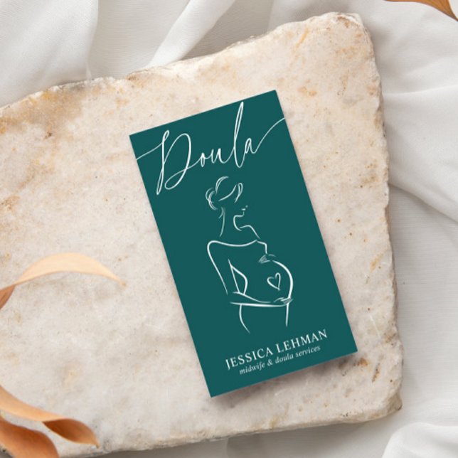 Carte De Visite Boho Pregnant Lady Line Art Doula Midwife QRCODE  (Créateur téléchargé)