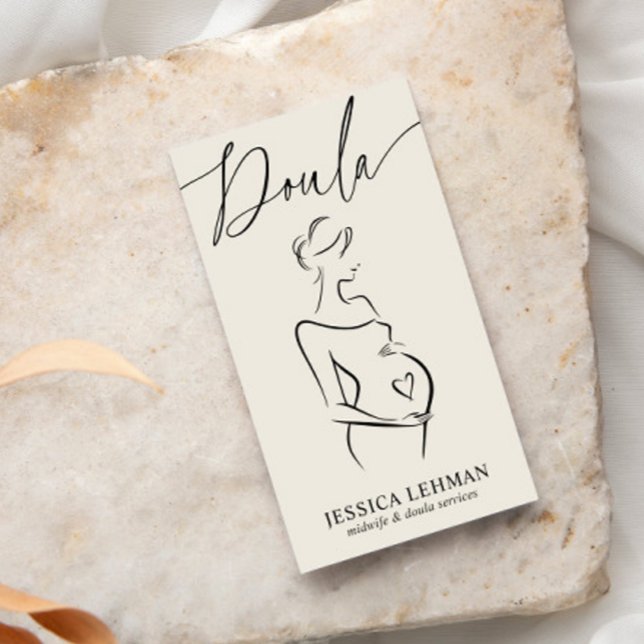 Carte De Visite Boho Pregnant Lady Line Art Doula Midwife QRCODE  (Créateur téléchargé)