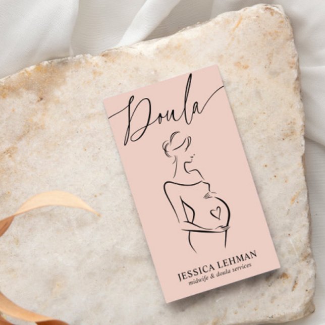 Carte De Visite Boho Pregnant Lady Line Art Doula Midwife QRCODE  (Créateur téléchargé)