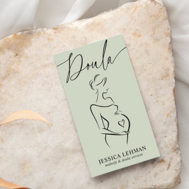 Carte De Visite Boho Pregnant Lady Line Art Doula Midwife QRCODE  (Créateur téléchargé)