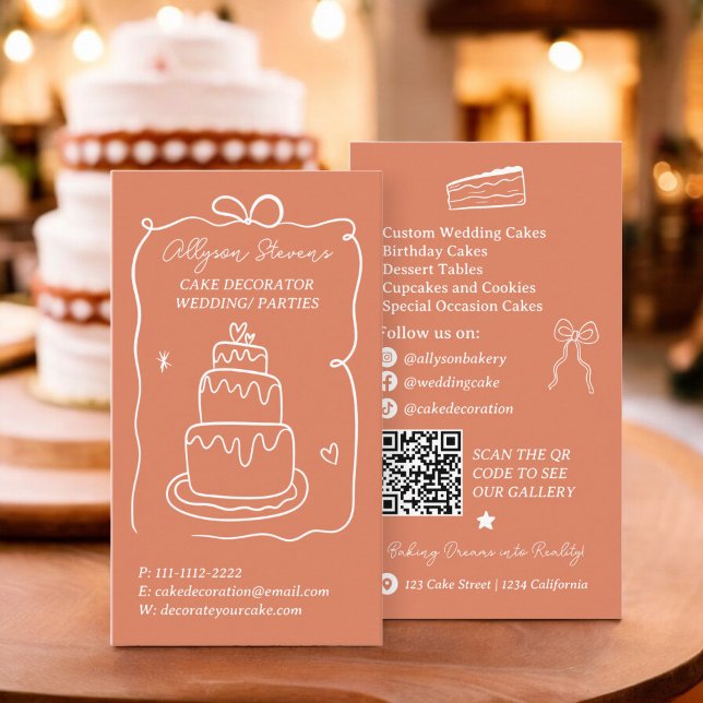 Carte De Visite Boho Retro French Scribble cake decorateur code qr (Boho Retro French Scribble cake decorator qr code Business Card)