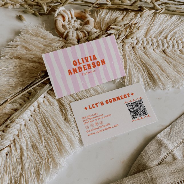 Carte De Visite Boho rose rétro Super Pinstripes Girl QR Code (Créateur téléchargé)