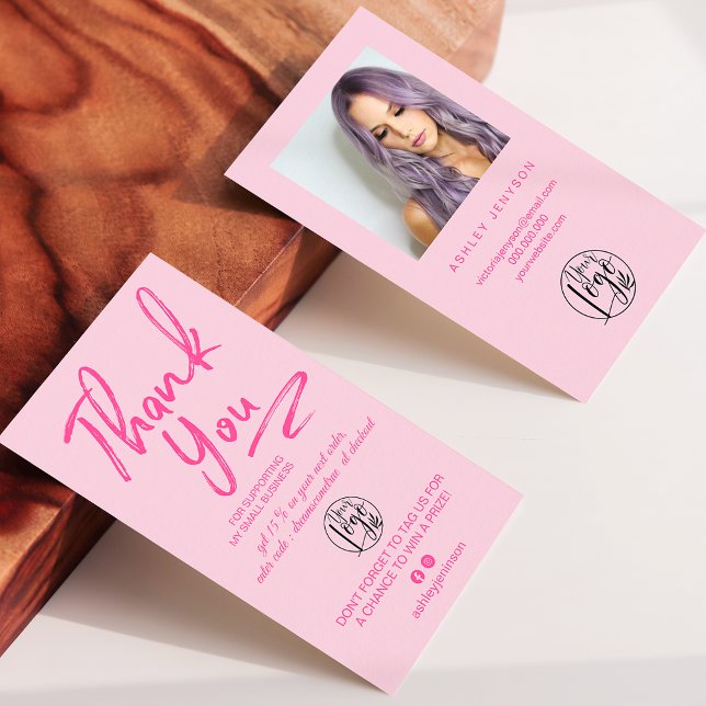 Carte De Visite Boho rose script photo logo commander merci (Créateur téléchargé)