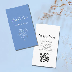 Carte De Visite Boho Simple Daisy QR code Graphic Designer Blue