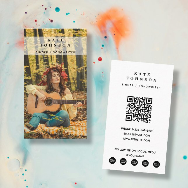 Carte De Visite Boho Singer Musicien Photo Médias sociaux QR Code (Boho Singer Musician Photo Social Media QR Code Business Card)