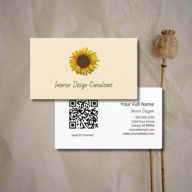 Carte De Visite Boho Sunflower QR code Rustic Interior Designer  (Créateur téléchargé)