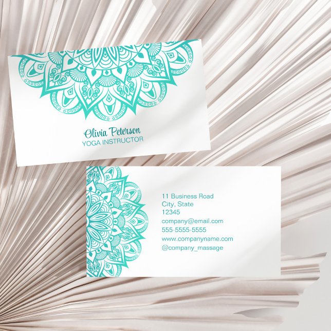 Carte De Visite Boho Turquoise et instructeur de Yoga Turquoise Ma (Boho Turquoise and Teal Yoga Instructor Mandala Business Card on a dry palm leaf.)