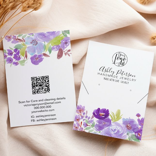 Carte De Visite Boho violet fleuri logo bijoux oreille collier (Boho purple floral logo jewelry earring necklace business card)