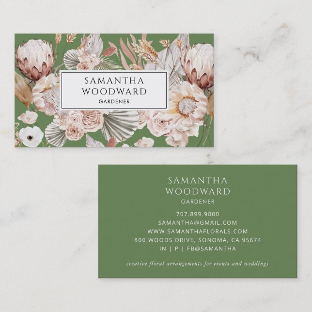Carte De Visite Boho Watercolor Fleur sauvage Gardener Vert (Devant / Derrière)