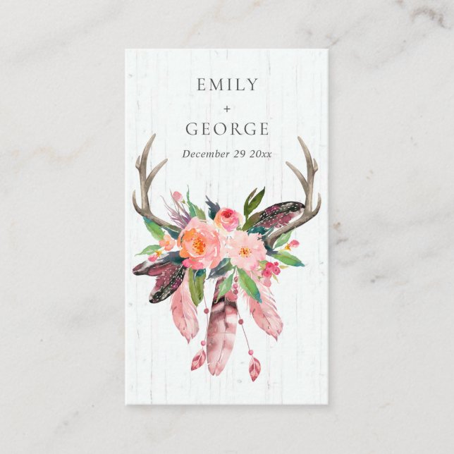 CARTE DE VISITE BOHO WOOD FLORAL FEATHER ANTLER MARIAGE MERCI (Devant)
